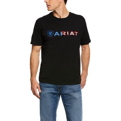 Ariat Western: USA Wordmark Camisetas Hombre - Negras (ZHVQK0615)